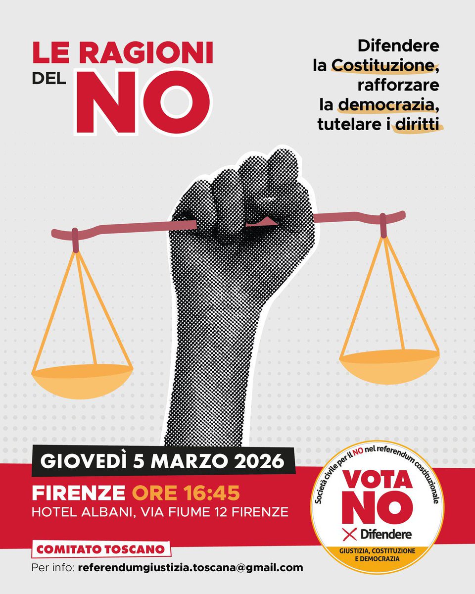 LegambienteTosc's tweet photo. 📍LE RAGIONI DEL NO
📣Difendere la Costituzione, rafforzare la democrazia, tutelare i diritti. Il Comitato Toscano della Società Civile per il NO promuove un incontro pubblico sul referendum costituzionale.
📅 Giovedì 5 marzo 2026, Ore 16.45, Firenze – Hotel Albani https://t.co/K14ePLxXux