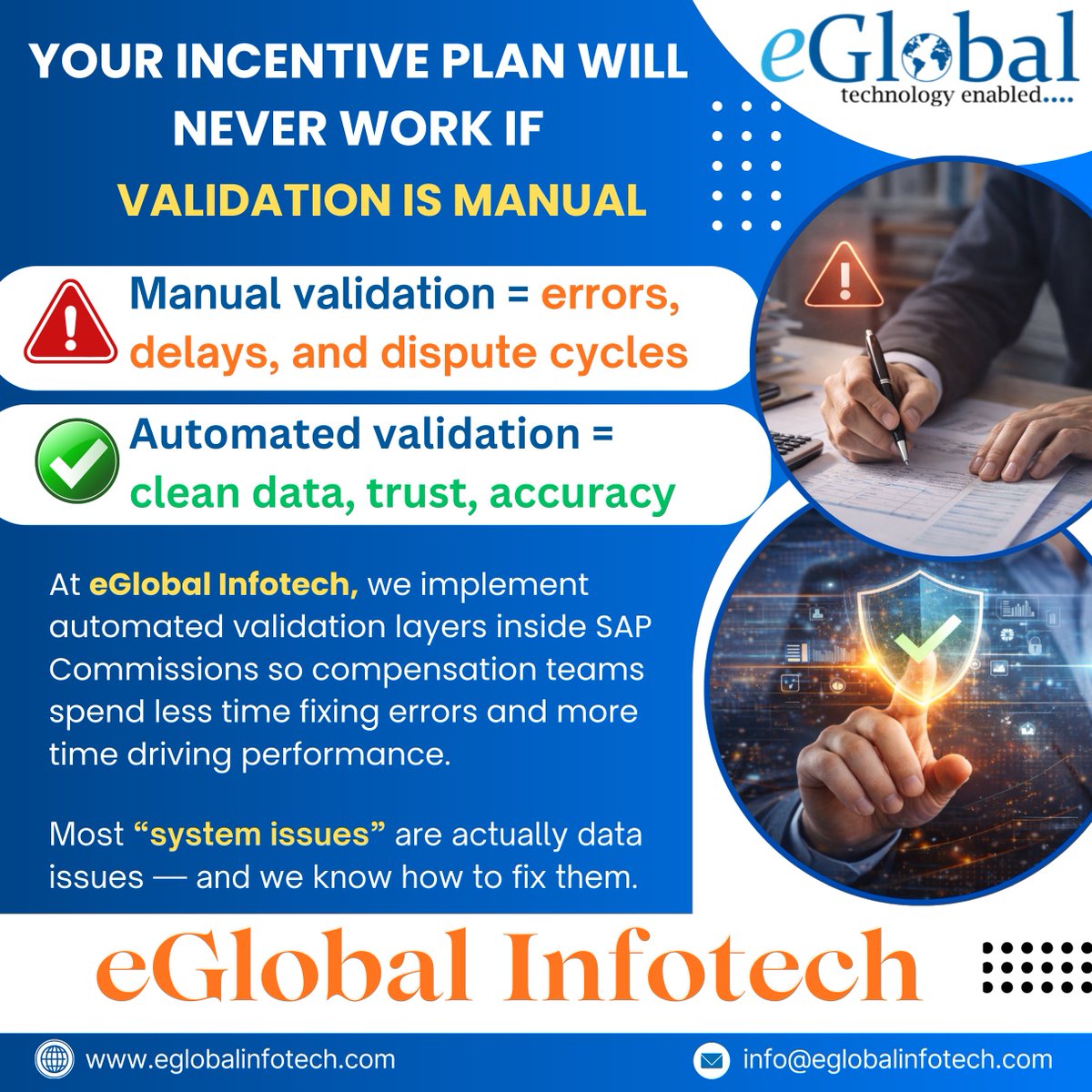 eGlobalinfotech's tweet photo. Manual validation breaks incentive plans.
Automation builds trust.

eGlobal Infotech helps you fix SAP Commissions data issues before they become business problems.

#SAPCommissions #SPM #Automation #SalesOps #SAP #eGlobalInfotech https://t.co/DrYDC5Sqt4