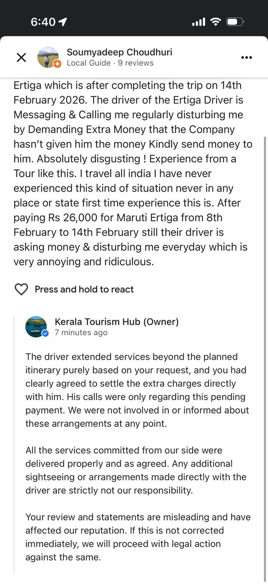 schoudhuri02's tweet photo. Your state is full of fraud & scamstars. I have completed kerala tour from 8th Feb to 14th Feb. After concluding the trip successfully The Tour agency’s Cab Driver is demanding extra money everyday by messaging me & calling me & When I complained/Review this on the Google Maps They Company is Giving me Open Threat of Legal Action. Is this you guys behave with the tourists coming from outside kerala ? @pinarayivijayan @CMOKerala @KeralaTourism @riyasdyfi @CPIMKerala @TheSureshGopi @incredibleindia @tourismgoi @gssjodhpur @MinOfCultureGoI #BoycottKerala #BoycottKeralaTourism