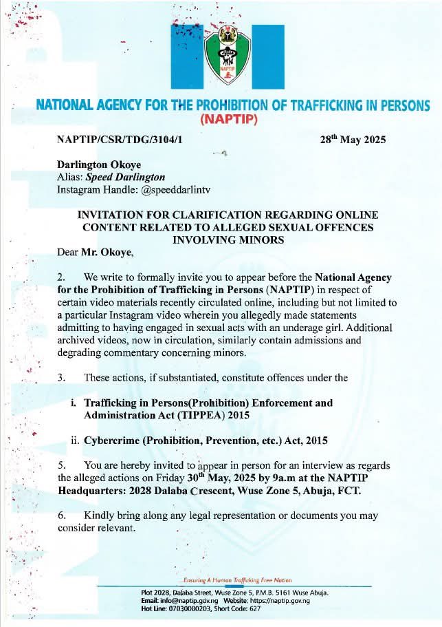 I put it to you guys at <a href="/naptipnigeria/">NAPTIP</a> that you all are hypocrites. This was your own letter to SPEED DARLINGTON to come and clarify. E reach SIMI's turn, una begin find FACTUAL EVIDENCE! You people are enablers!