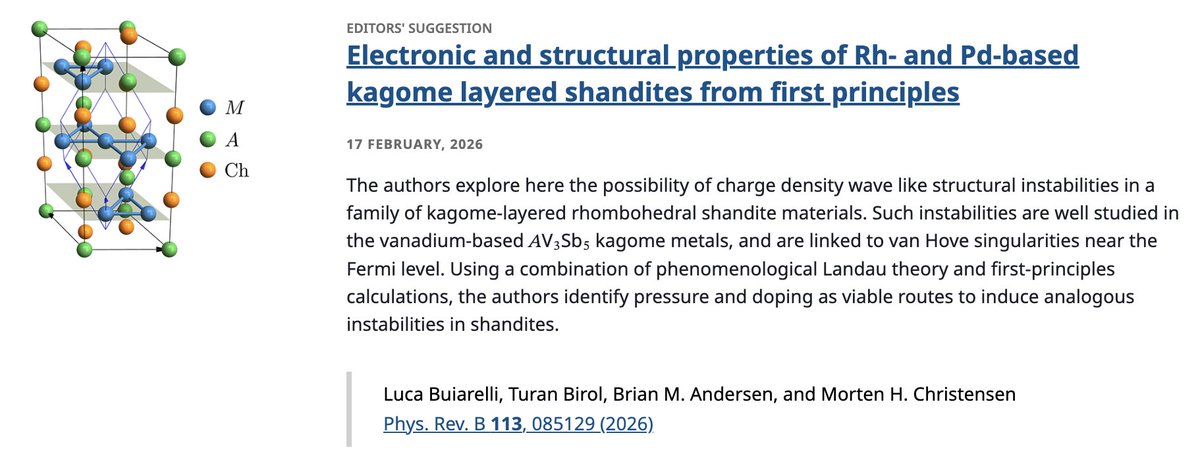 PhysRevB's tweet image. PRB Editors' Suggestion: #Electronic and #structural properties of Rh- and Pd-based #kagome layered shandites from #FirstPrinciples

L. Buiarelli, T. Birol et al.,
Phys. Rev. B 113, 085129

➡️ go.aps.org/4tEQt3k
#EdSugg @APSPhysics #condmat #physics