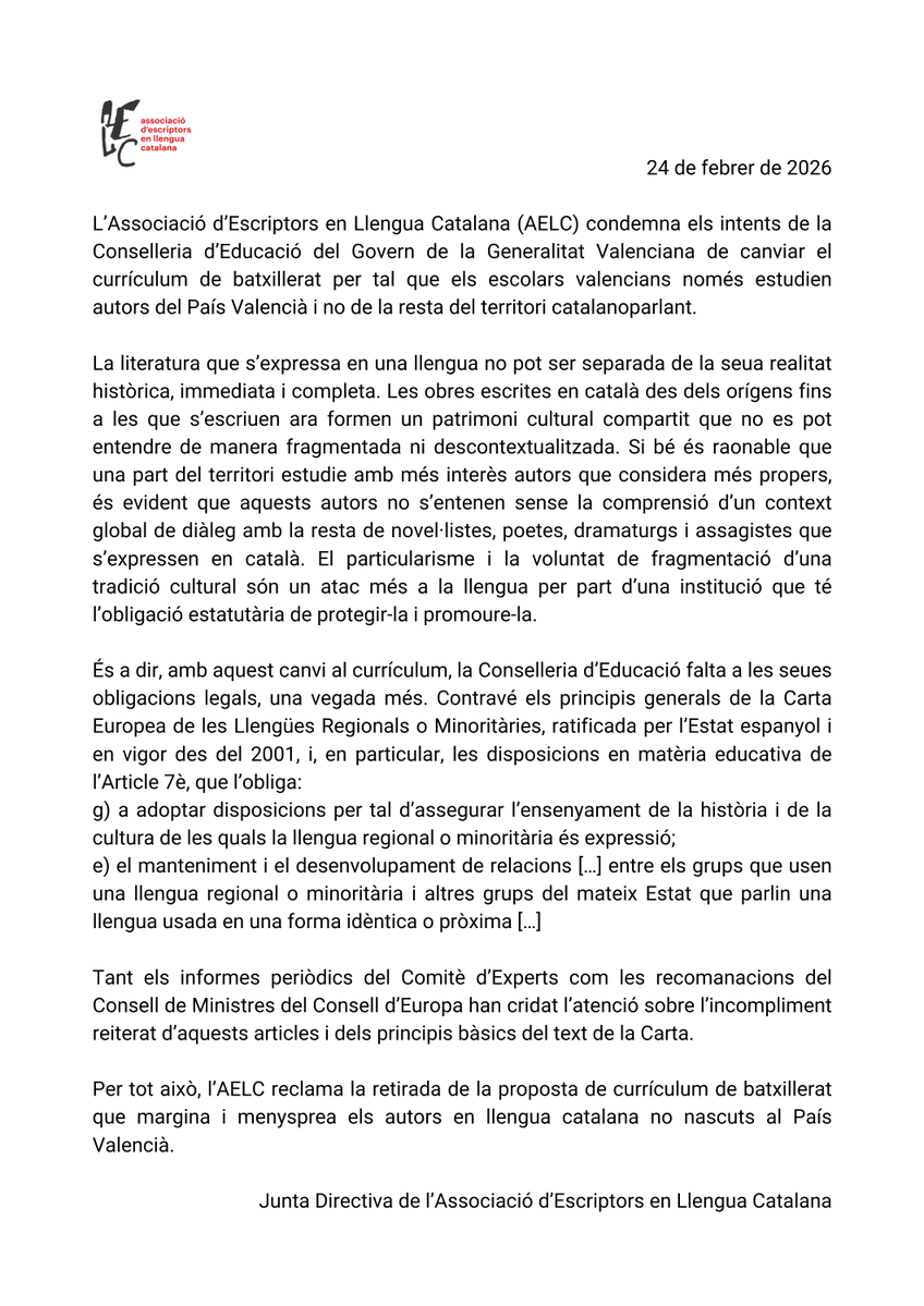 ⚠️Comunicat de rebuig al nou currículum de batxillerat de la <a href="/GVAeducacio/">GVA Educació</a> del Govern de la @Generalitat Valenciana, que pretén que els escolars valencians només estudien autors del País Valencià i no de la resta del territori catalanoparlant.

Més detalls: escriptors.cat/noticia/comuni…