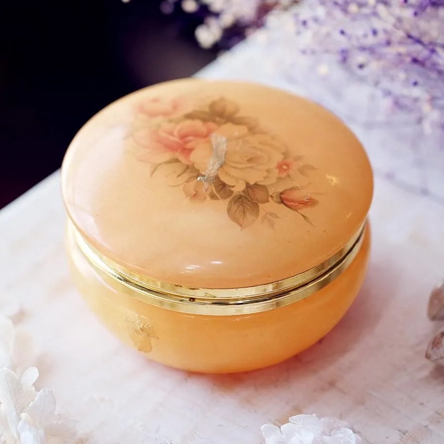 アンティーク　アラバスターバラ模様のオレンジ色アクセサリーケース　２個セット