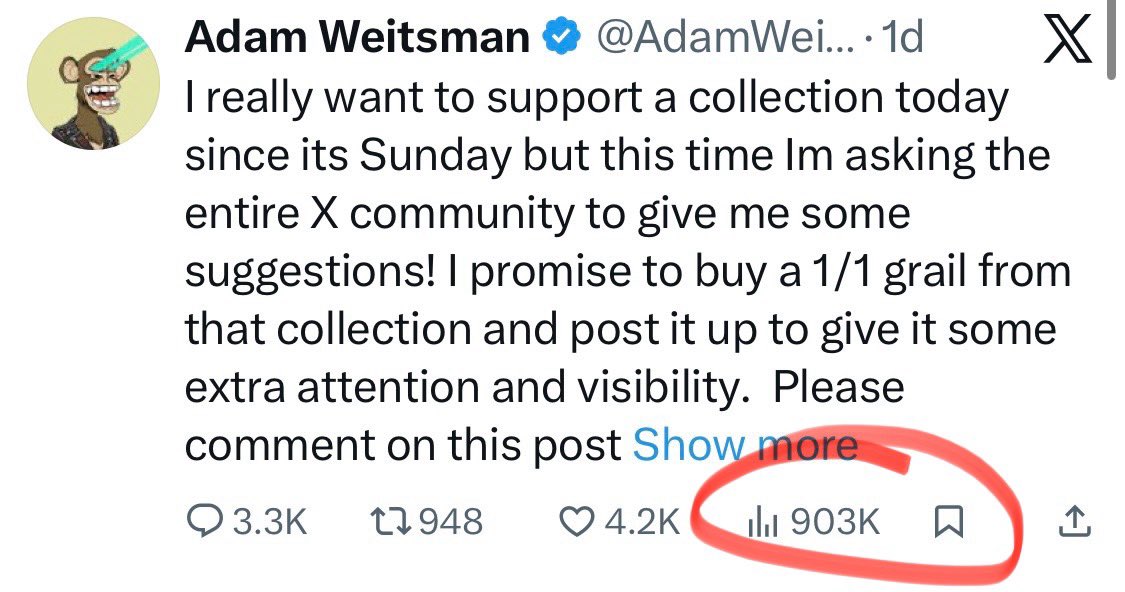 This post from Adam Weitsman is almost at 1M views wtf! 
We’re so back