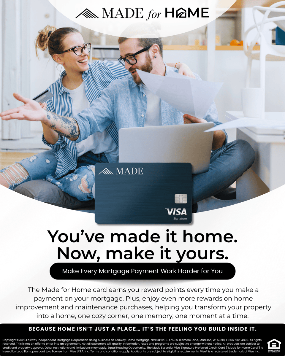 BrianEndres's tweet photo. Homeownership just got even more rewarding. The Fairway Made for Home credit card earns you rewards from mortgage payments, everyday purchases, and even home improvement costs! Your home works hard for you. Now your credit card does too. DM me to learn more! https://t.co/2c0R1DVRsg