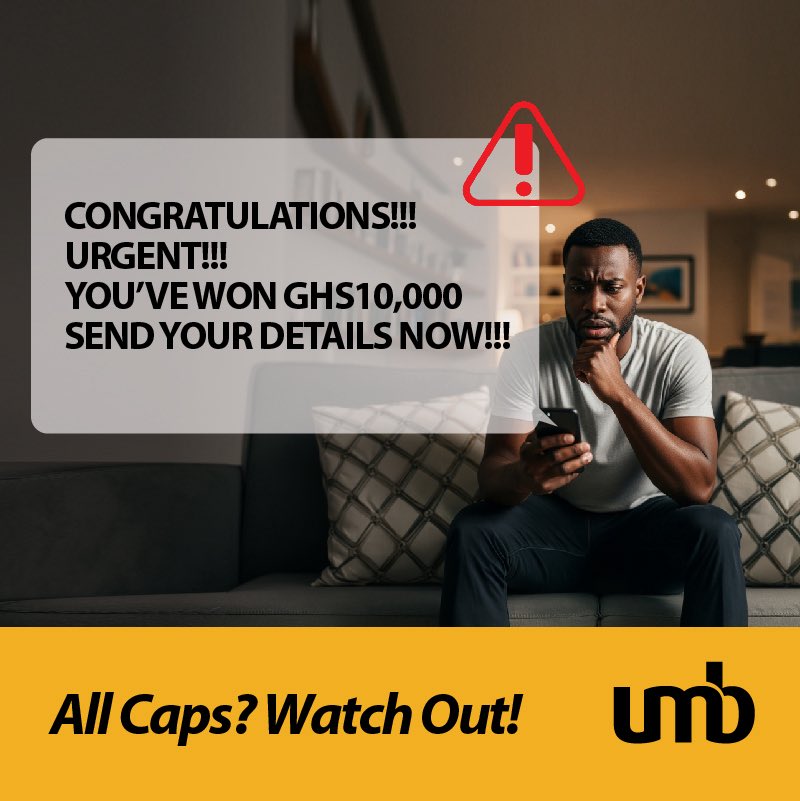 myumbbank's tweet photo. If it’s screaming at you, it’s probably not legitimate.
Scammers use urgency and excitement to cloud your judgment.
Pause. Think. Verify before you click.
When in doubt, call us 24/7 on 0302633988 or toll-free on 0800100880.
#WeDey4You
#CyberSecurityTip
#UMBAdvantage
#fyp https://t.co/aeilAhjbtC