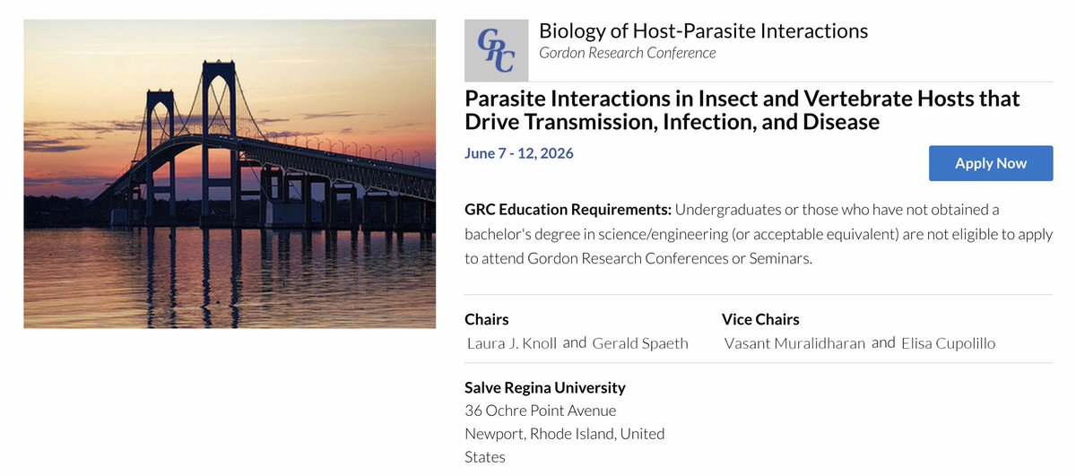 ParaFrap's tweet photo. 📆 Join the 2026 Biology of Host–Parasite Interactions GRC (June 7–12, Newport, RI)

🌟 Cutting-edge science, open slots for talks &amp; posters
🧑‍🔬 GRS for grad students &amp; postdocs the weekend before
📩 Apply by May 18, 2026 (early submission encouraged)

👉https://t.co/n7bsi5AfGo https://t.co/QynRlflycc