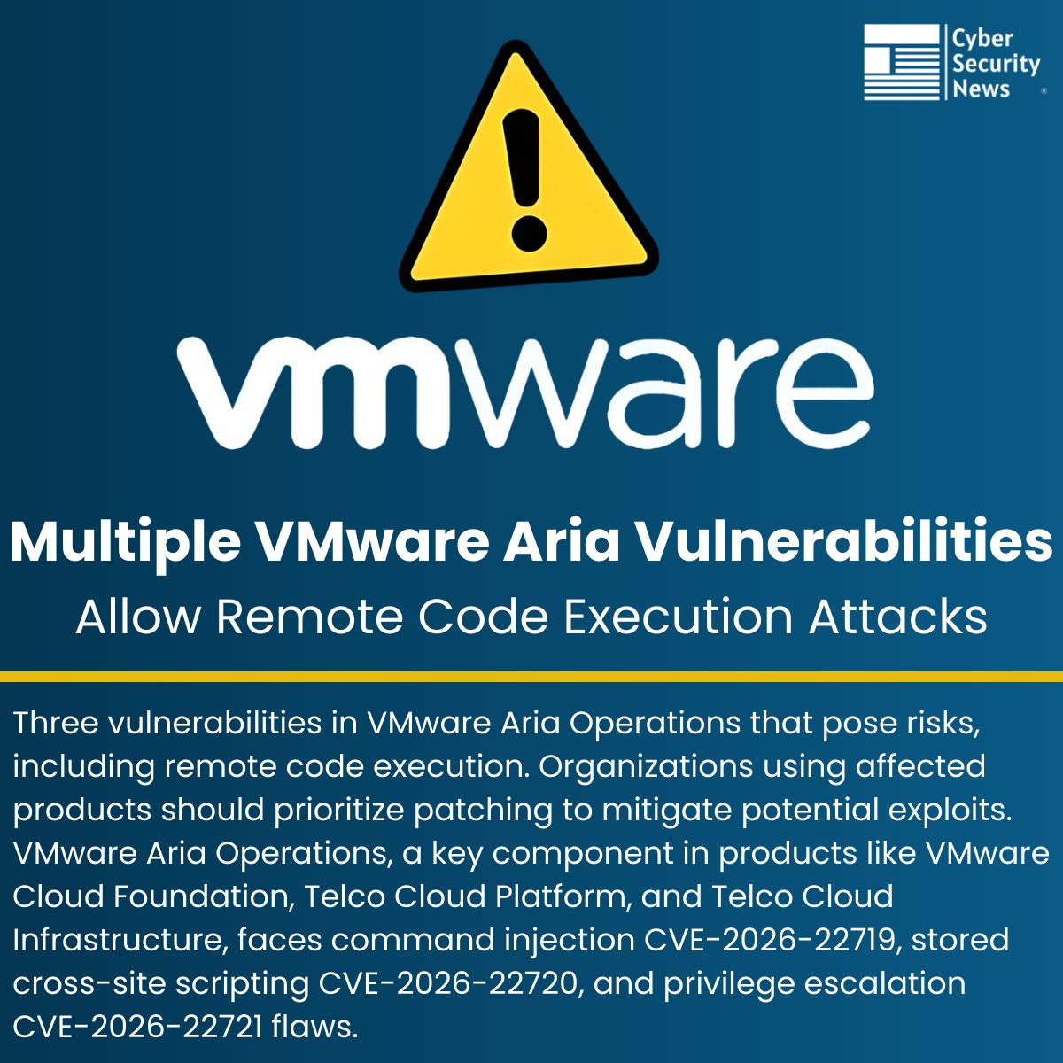 ⚠️ Multiple VMware Aria Vulnerabilities Allow Remote Code Execution Attacks 

Source: cybersecuritynews.com/vmware-aria-vu…

Three vulnerabilities in VMware Aria Operations that pose risks, including remote code execution.

Organizations using affected products should prioritize patching to