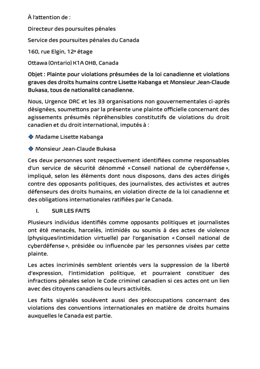 afrikarabia's tweet image. #RDC #Canada Une plainte a été déposée à l'encontre de 2 ressortissants canadiens responsables du #Conseil National de #Cybersecurité :
▶️Lisette #Kabanga
▶️Jean-claude #Bukasa
Pour : "violations présumées de la loi canadienne et violations graves des droits humains". Plainte