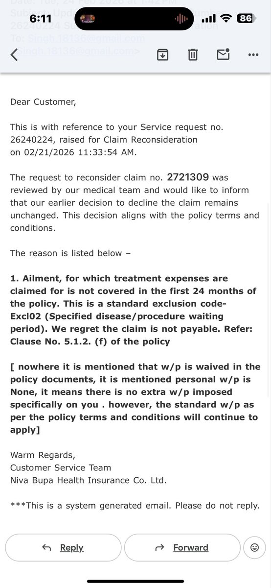 Navdeepkaur_'s tweet image. If waiting period wasn’t complete, wasn’t it verified at the time of approval?
Disappointed with @NivaBupaSupport @Niva_Bupa 
Despite completing the standard waiting period and receiving pre-approval, my legitimate claim was denied. #ConsumerRights #HealthInsuranceFail #IRDAI