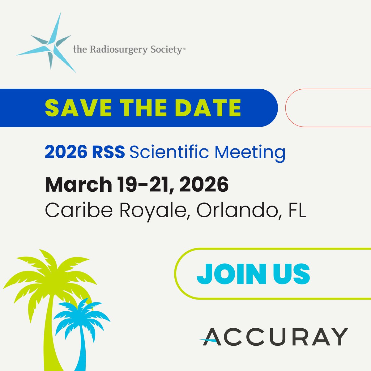 Vous participez au RSS Scientific Meeting 2026 ? Retrouvez‑nous au Caribe Royale, à Orlando (du 19 au 21 mars), pour découvrir les solutions Accuray en SRS et SBRT avec nos experts #CyberKnife et #Radixact.