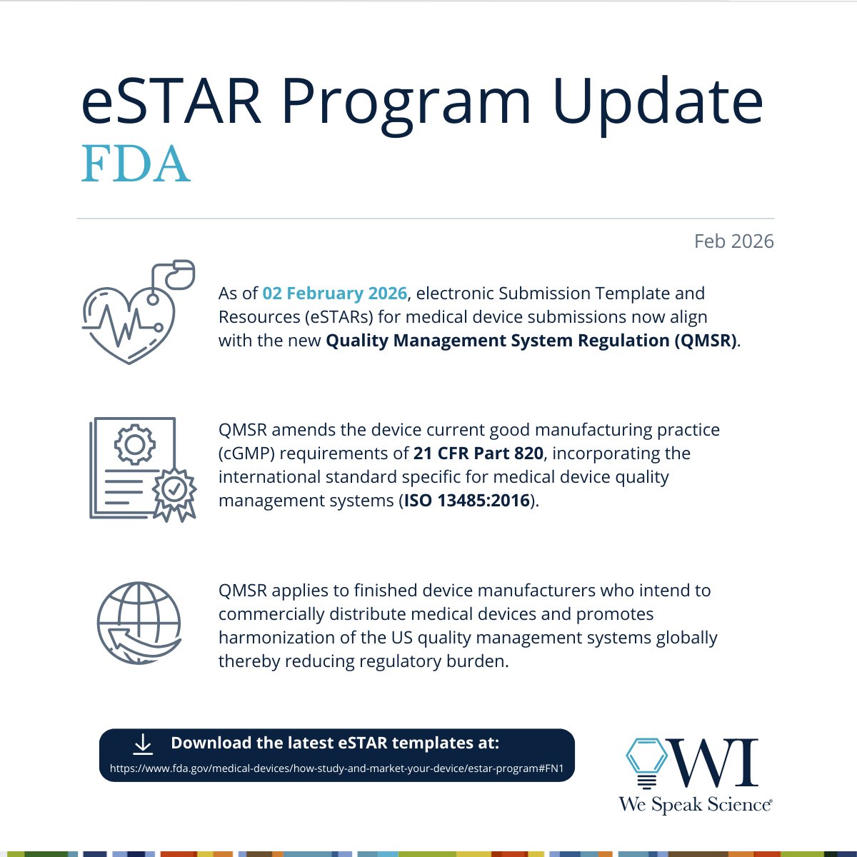 As of Feb 2, 2026, the FDA’s eSTAR Program has officially entered the QMSR era! For medical device manufacturers, this is a milestone in global harmonization. Download the eSTAR templates at: ow.ly/ELmv50YiUYC 
#WeSpeakScience #MedicalDevices #RegulatoryPublishing #eSTAR
