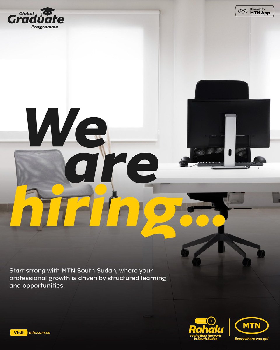 MTNSSD's tweet photo. Join the MTN Global Graduate Program and kickstart your career with world-class training to shape the future of telecom in South Sudan.

Apply 👉 https://t.co/epOtCxsVOa
 📅 Deadline: 13/03/2026 
Female applicants encouraged

#Switch2MTN #BestNetwork #Hiring https://t.co/WuBdxdPUGS
