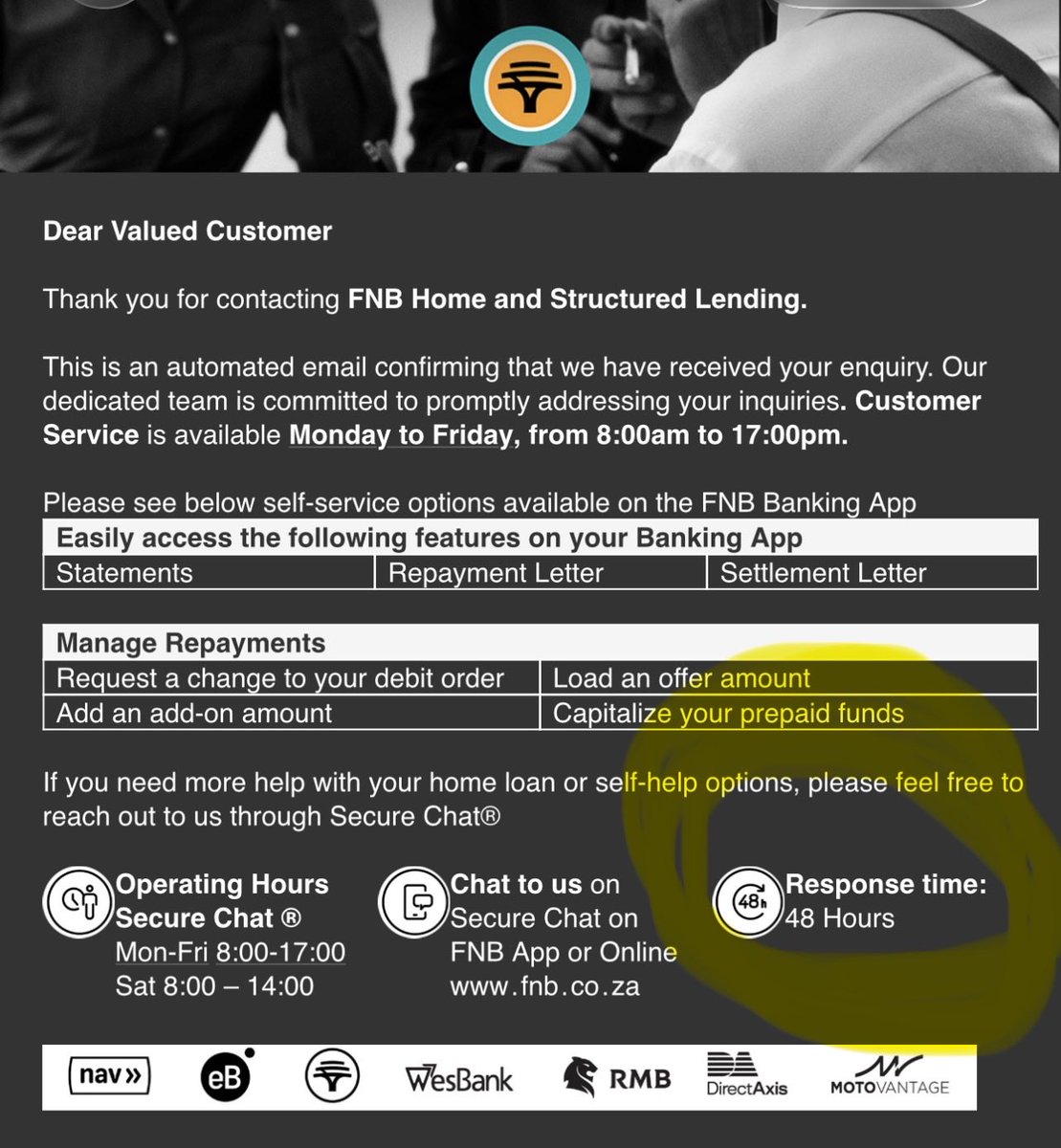 Dear <a href="/FNBSA/">FNB South Africa</a>, we need to talk. Your own email says to expect a 48-hour response time. So far, I’ve been waiting for almost 170 hours and, despite even a call to your call centre, am still frustrated and without solution. I require a simple document from your system. Be better!