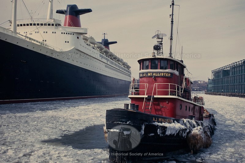 The tug A. J. McALLISTER is pictured with the ocean liner FRANCE behind her at the West 48th Street Pier #OnThisDay in 1968. Photo by Joseph F. Braun, Braun Brothers Collection, SSHSA Archives.

See more digitized images from this collection at bit.ly/BraunBrothersC….