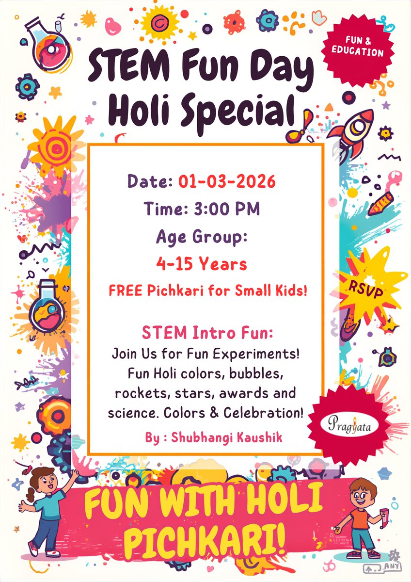 pragyatango's tweet photo. Celebrate Holi with colors &amp; curiosity! 🌈🚀Join our STEM Fun Day for kids (4–15 yrs)
🧪 Experiments
🚀 Rockets
🎨 Holi fun
🎁 FREE Pichkari for small kids📅 01-03-2026 | ⏰ 3 PMSmart learning starts here!#STEMFunDay #Holi2026 #KidsSTEM #EducationEvent #FunWithLearning https://t.co/2R1k2ZOCAU