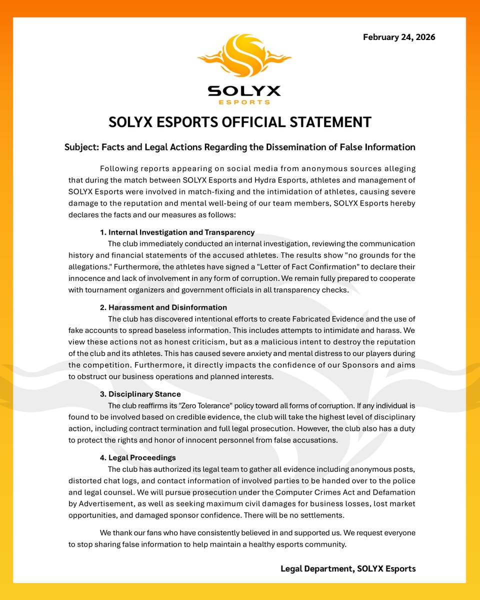 แถลงข้อเท็จจริงกรณีการบิดเบือนข้อมูลและการแพร่ข่าวอันเป็นเท็จ

Statement of Facts Regarding Information Distortion and Dissemination of False Information

#SOLYX #SOLYXEsports