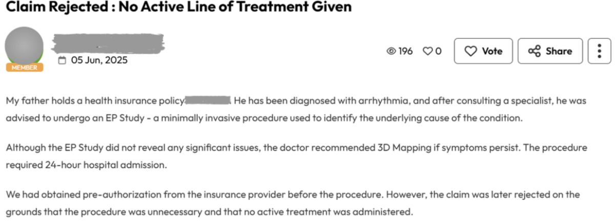 BeshakIN's tweet photo. How can an insurer reject a hospitalization prescribed by a doctor?

What is this "no active line of treatment" clause used to reject claims?
- Is this right &amp; fair?
- What is the solution?

Let's find out 👇 https://t.co/Fsh4kNx8Su