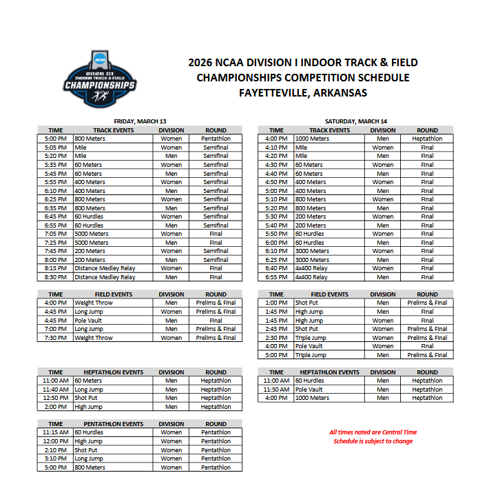 ncaaindrchmps's tweet photo. NCAA Indoor Track &amp; Field Championships 2026 Schedule https://t.co/VbKV8YCDP5