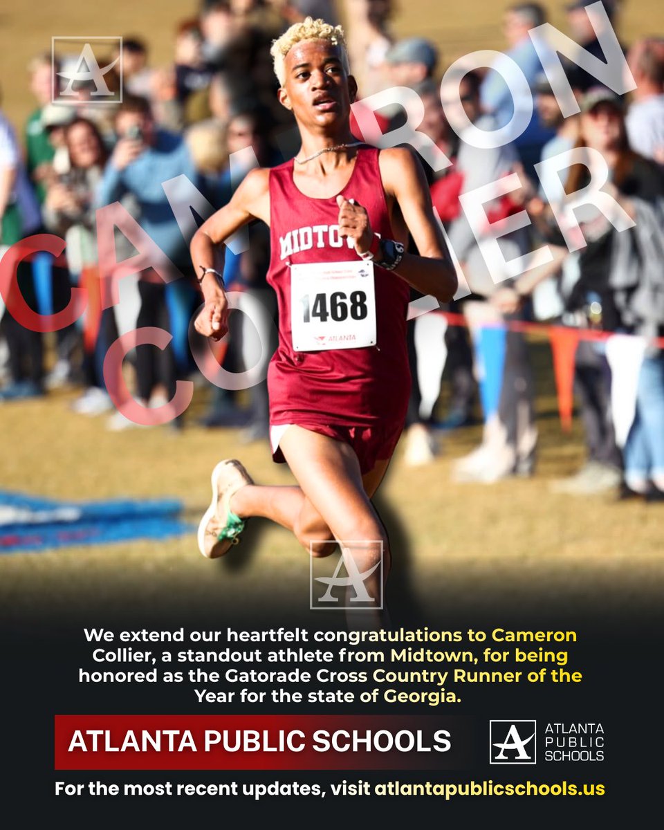 apsupdate's tweet photo. We extend our heartfelt congratulations to Cameron Collier, a standout athlete from Midtown, for being honored as the Gatorade Cross Country Runner of the Year for the state of Georgia. This prestigious award recognizes not only Cameron's exceptional performance on the track but also his dedication, hard work, and sportsmanship throughout the season. His remarkable achievements exemplify the spirit of excellence in high school athletics. Well done, Cameron!