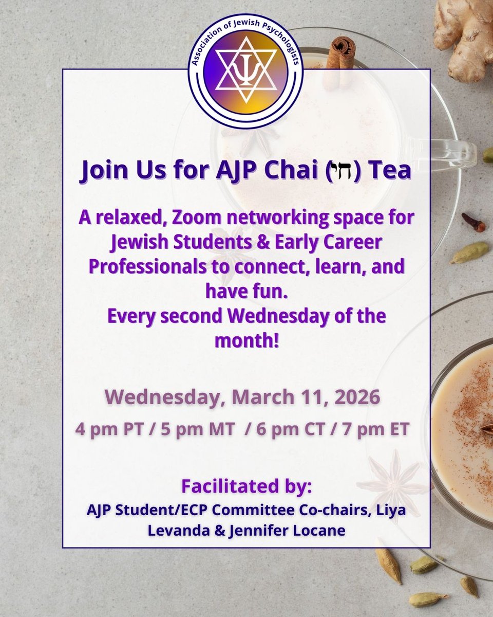 Join us for AJP Chai Tea!

A relaxed, Zoom networking space for Jewish Students &amp; Early Career Professionals to connect, learn, and have fun.

Please register here: associationofjewishpsychologists.com/join-us-for-aj…

#AJP #AssociationofJewishPsychologists #JewishIdentity #JewishCommunity