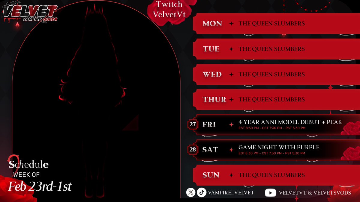 vampire_velvet's tweet photo. 🥀Schedule 2/23-3/1🖤

BIG DEBUT this week! Celebrating my 4 Year Anniversary with a new model debut! New emotes on the way too! 

Then we are playing Peak with Lemon, Cannoli, and Jellal. And spending Saturday with Purple!

Hope to celebrate with you this week! https://t.co/6vcsQcOHfB