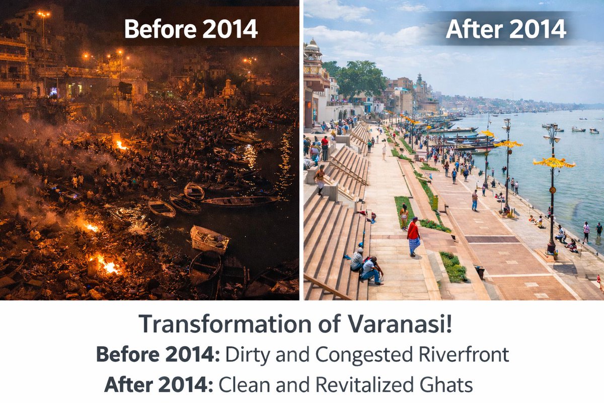 Aaramya193360's tweet image. From neglected and overcrowded ghats to cleaner, organized and welcoming riverfronts ; this is how Kashi has evolved over the years.

Change isn’t just visible, it’s transformative. 🌅
#Varanasi #Kashi #BeforeAfter #NewIndia