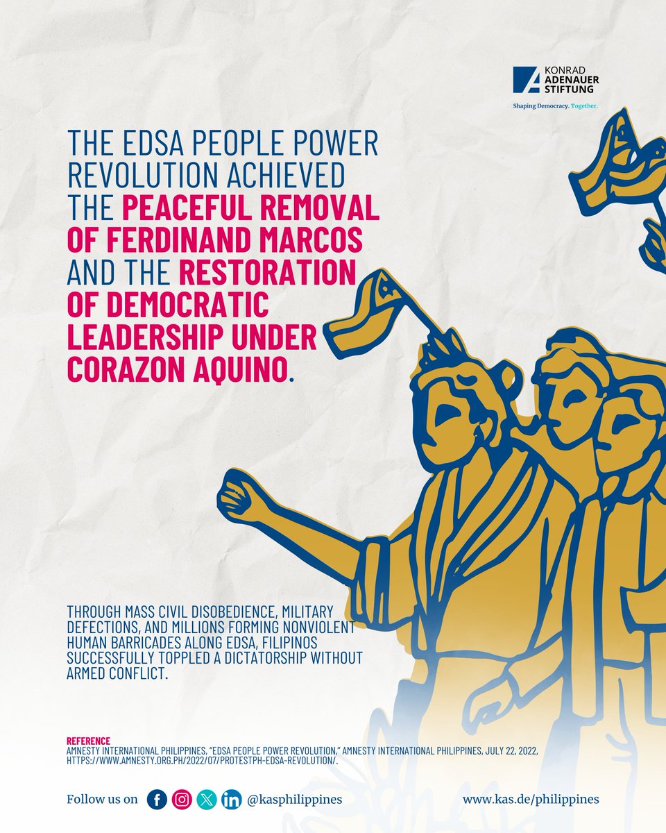 kasphilippines's tweet photo. Commemorating 40 years since the #EDSAPeoplePower Revolution!

Through nonviolent protests and civil disobedience, we reclaimed our rights and freedoms. EDSA wasn't a cure-all, but it empowered us to face our challenges together.

#NeverForget #EDSA40 https://t.co/bHBshrfowU