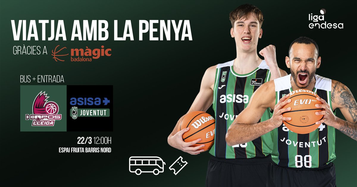 🚍 𝚅𝚒𝚊𝚝𝚓𝚊 𝚊𝚖𝚋 𝚗𝚘𝚜𝚊𝚕𝚝𝚛𝚎𝚜 𝚊 𝙻𝙻𝙴𝙸𝙳𝙰 

🗓️ 22 de març
ℹ️ Entrades disponibles només per a socis, reviseu el vostre correu electrònic!

🤝 Un desplaçament que és possible gràcies al <a href="/ccmagicbadalona/">Màgic Badalona</a> 

FORÇA PENYA! 🟩⬛️

#ASISAJoventut #CityOfBadalona