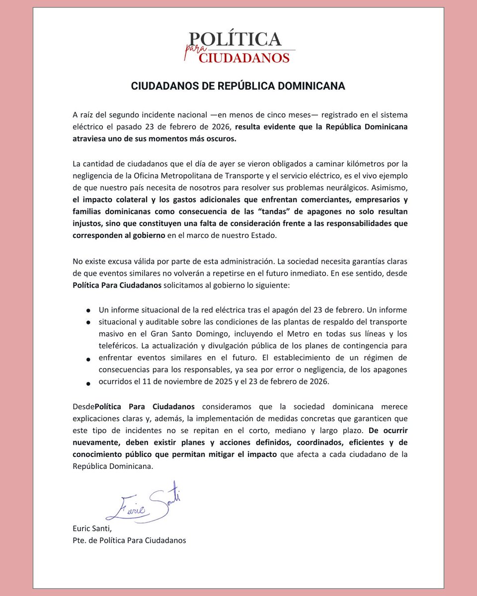 Nuestra posición respecto al apagón y lo que solicitamos al gobierno de la República Dominicana.