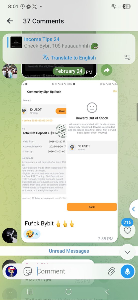 🚨 Bybit “Community Sign Up Rush” – What’s Going On?
Many users joined the event: 💰 Reward: 10 USDT Airdrop
📌 Condition: Deposit ≥ $100 USDT
⏳ Limited-time offer
But when it was time to claim the reward…
❌ “Reward Out of Stock”
❌ Rewards revoked citing “abnormal