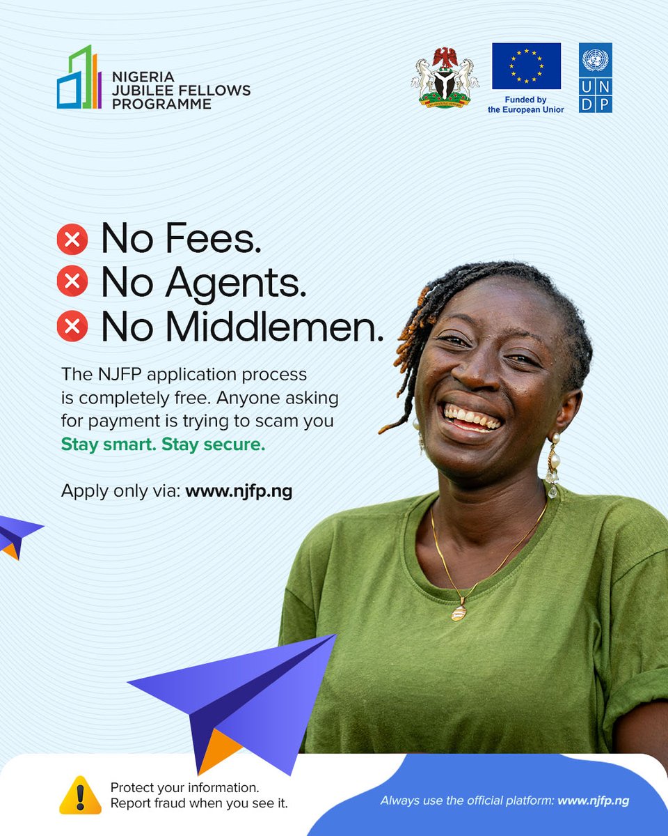 NigeriaJFP's tweet photo. Ready to host top-tier Nigerian talent through NJFP 2.0?

Apply here: https://t.co/Qwf0L5DqYO

NJFP operates on strict standards of integrity, fairness and professionalism. Any Host Organization or Fellow found engaging in practices that compromise the programme will be disqualified and blacklisted.

Fellows must report suspicious arrangements immediately. Host Organizations must contact NJFP directly if a Fellow fails to resume within one week of the approved start date or if concerns arise. All matters must follow official processes.

Together, we protect the credibility of NJFP and strengthen Nigeria’s workforce pipeline.

Contact the NJFP Help Desk: https://t.co/NKoAlvDgOo
08169486601 | 08169471572 | 08169550318 | 08169503707
#NJFP #NJFP2_0 #ProudlyJubilee #JubileeFellows