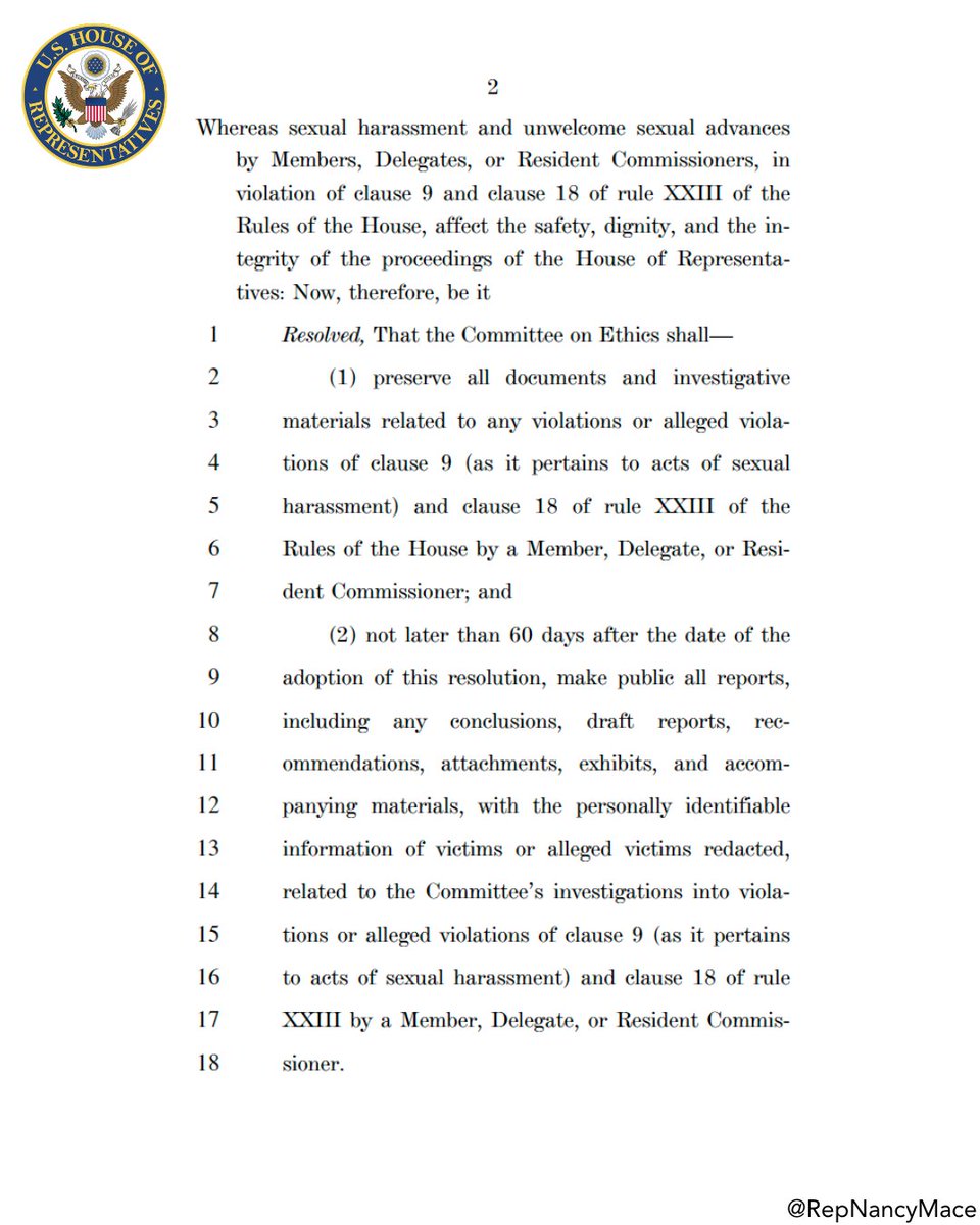 BREAKING: We've filed a resolution directing the Ethics Committee to preserve and publicly release records and reports on all of their investigations into Members of Congress for sexual harassment and unwelcome sexual advances. Tony Gonzales is just the tip of the iceberg.

There