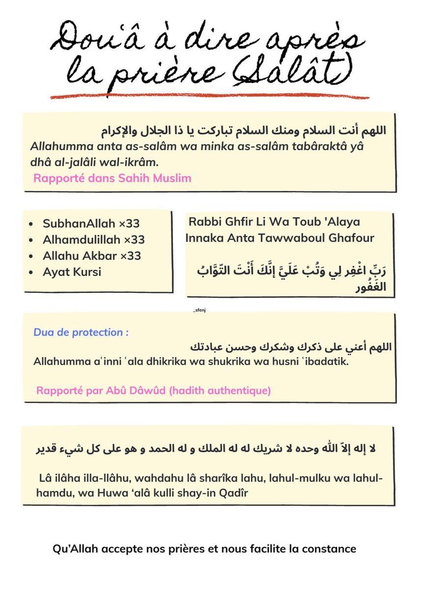 Fiche sur les duaa à dire après la prière :