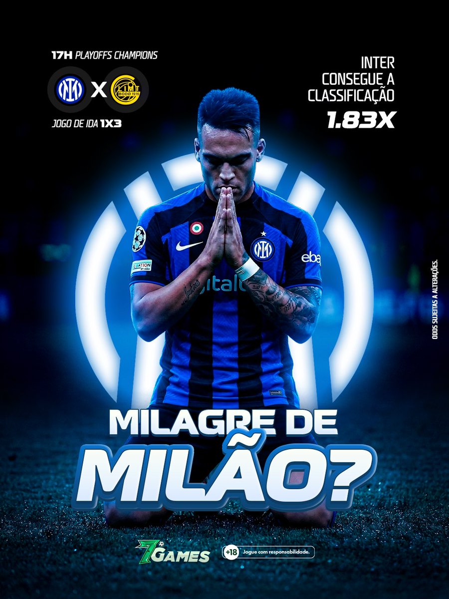 7gamesbet's tweet image. Família, hoje tem Playoffs da Champions e a missão da Inter não é simples.👀
Depois de perder a ida, o time precisa de um pequeno milagre em Milão pra seguir vivo no torneio. 🔥
Será que rola a virada histórica? ✨
Comenta aí o seu palpite e depois cola na 7Games! 💸
#7Games