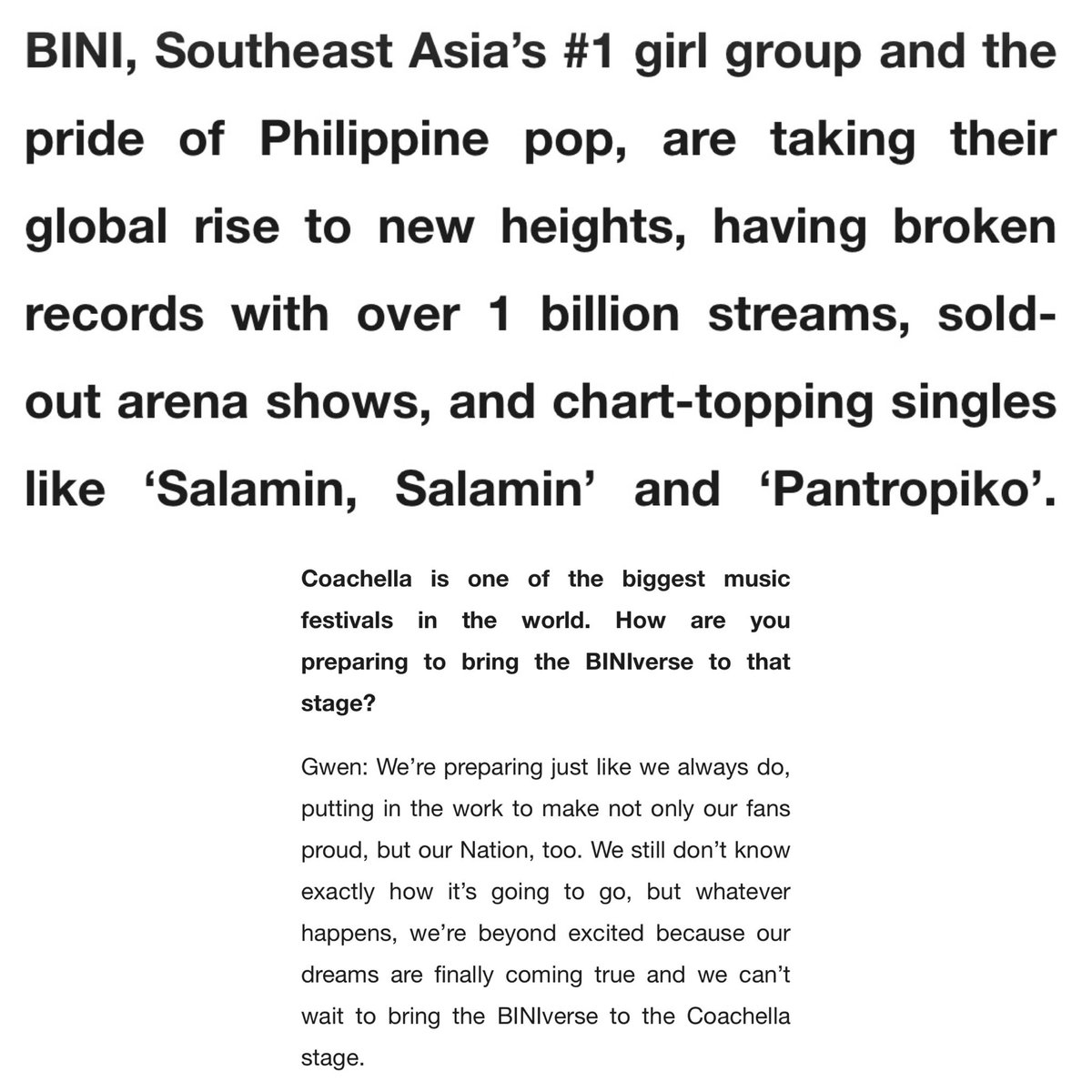 #BINI was featured in Numéro Netherlands article, highlighting their highly anticipated debut at Coachella 2026 🎡🌸

"Southeast Asia's #1 girl group and the pride of Philippine pop" 🇵🇭

Grabe sobrang nakakaproud!!! 😭❤️

Read the full interview here:
🔗 numeronetherlands.com/in-conversatio…