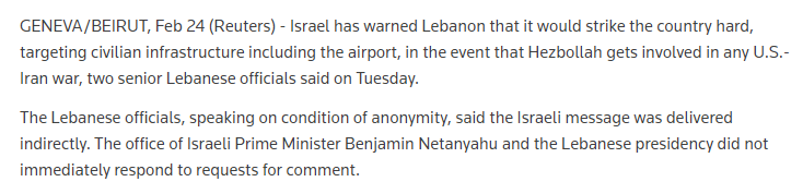israel is threatening the Lebanese government, stating that they will destroy civilian infrastructure including the airport if Hezbollah gets involved in any way. Fucking insane.