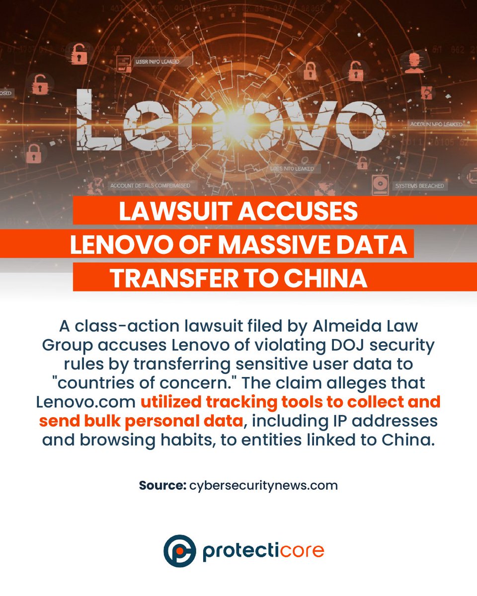 protecticore's tweet photo. 🚨 #CyberNews: Lenovo sued for allegedly transferring bulk user data to China in violation of DOJ rules. The lawsuit claims tracking tools on https://t.co/w1IBMtm7ag exposed sensitive info of millions of U.S. users. 🛡️🇺🇸

#Lenovo #DataBreach #USA #Privacy #CyberSecurity https://t.co/N6T4MT1SuP
