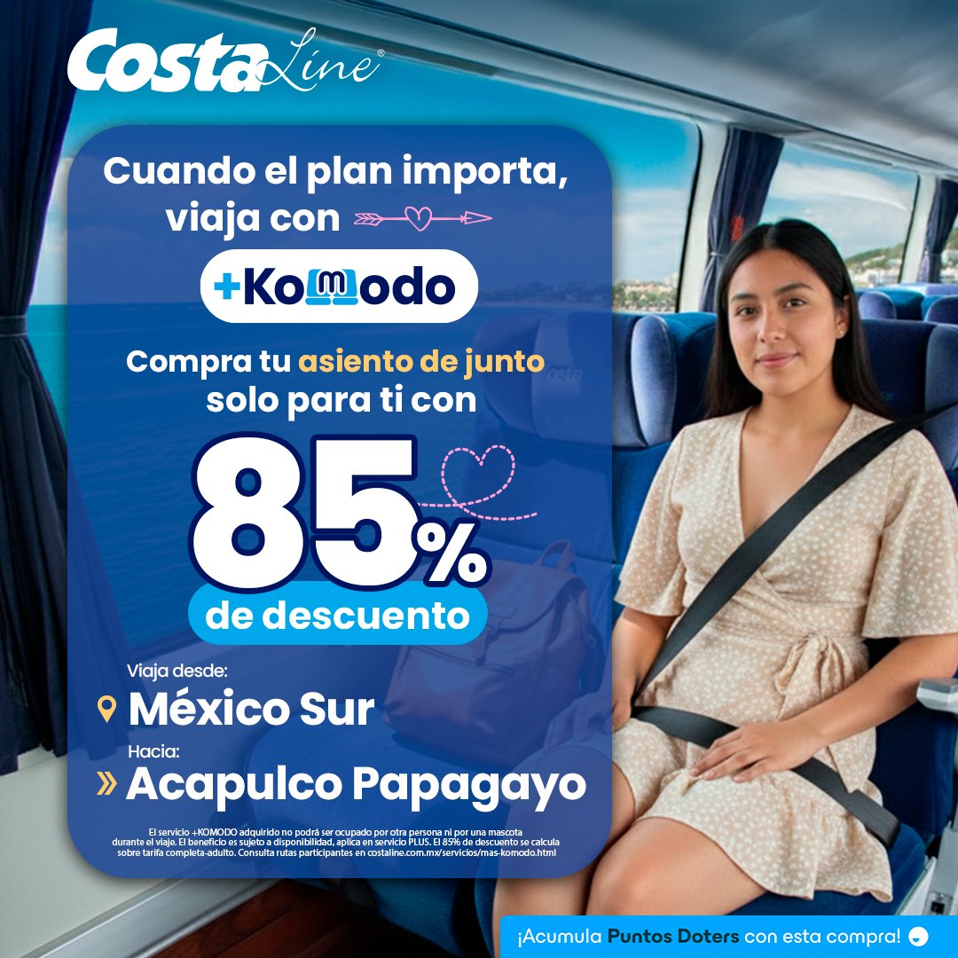 💙🌊 Compartir no siempre es estar juntos… a veces es viajar a gusto
Rumbo a Acapulco Papagayo, elige comodidad, tranquilidad y un trayecto pensado para ti.
Con +KOMODO, viajas como se debe ✨

💺 costaline.com.mx/servicios/mas-…