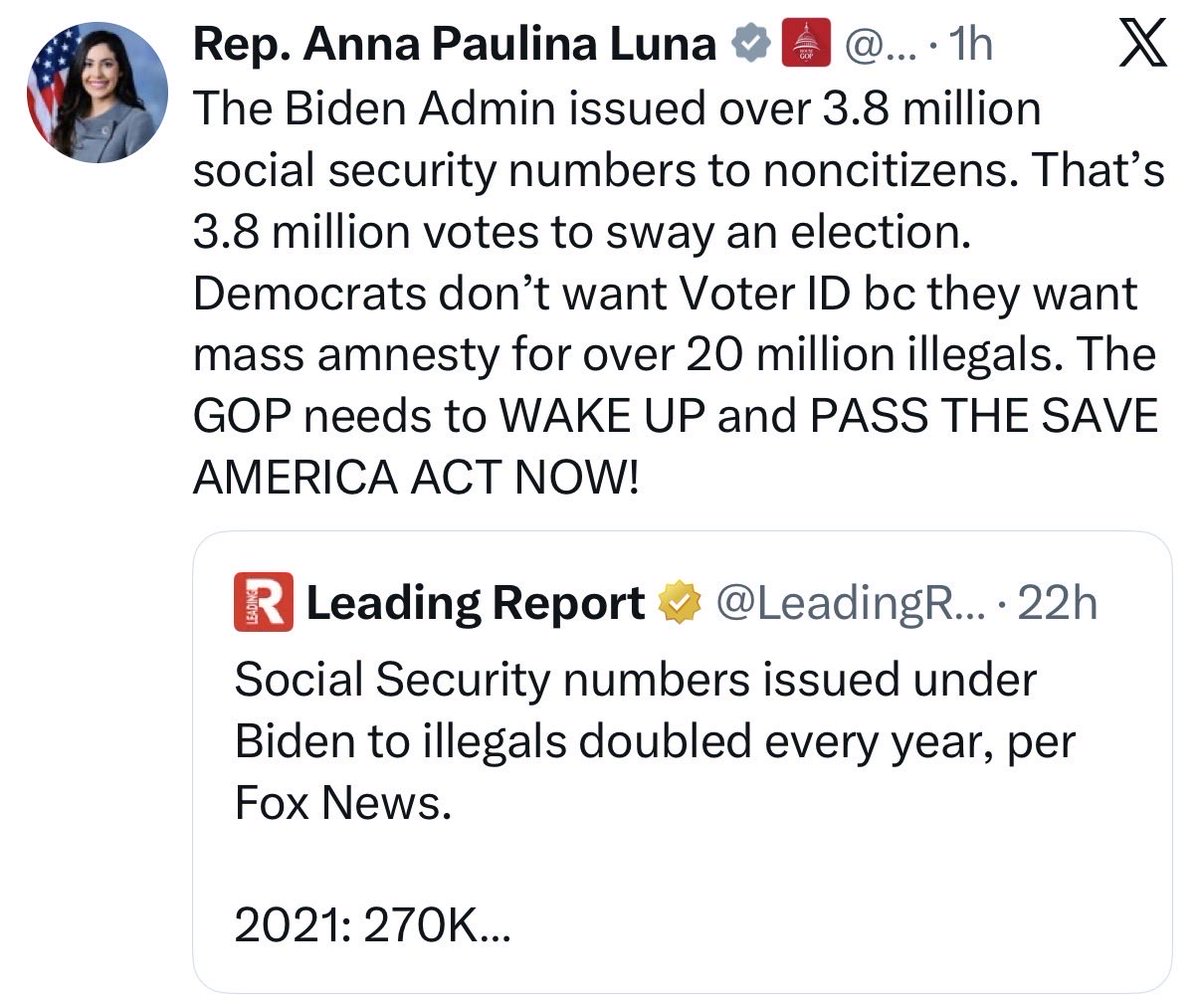 Dear Anna Paulina Luna,

The Enumeration Beyond Entry program, which issues SSNs to LEGAL noncitizens, was launched in 2017 UNDER DONALD TRUMP to streamline work authorization for eligible immigrants.

The Social Security cards for noncitizens have the restriction "Valid for Work
