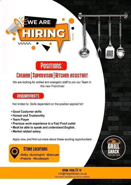 NthabelengDlam3's tweet photo. New franchise stores opening soon...
Store locations:
• Selby
• Sunninghill
• Edenvale
• Pretoria
• Wonderpark
Send your CV to info@thegrillshack.co.za
I did not get time to verify due to work but please confirm if it went through 🙏
Good luck ❤️
#copiedpost https://t.co/MEtK8fxtm0