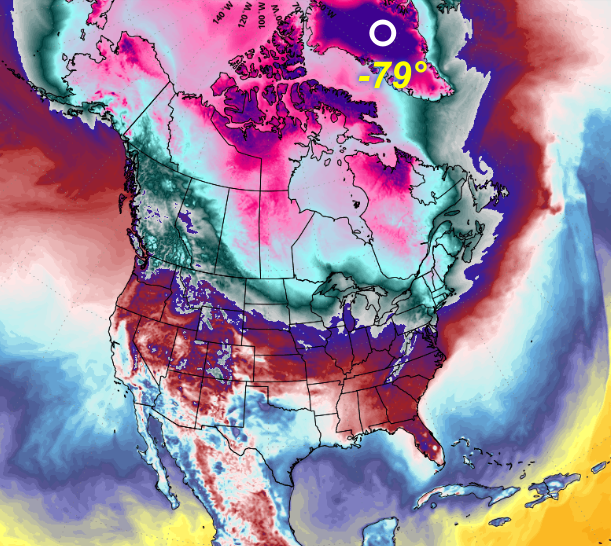nelvaldez's tweet photo. 🥶🥶Un potencial record de temperatura mínima podría romperse mañana en #Groenlandia, algunos modelos meteoroógicos apuntan a valores de hasta -79°C con sensaciones térmicas cercanas a -95°C , sería algo sin precedentes para Norteamérica. https://t.co/LsoDKJnSoj