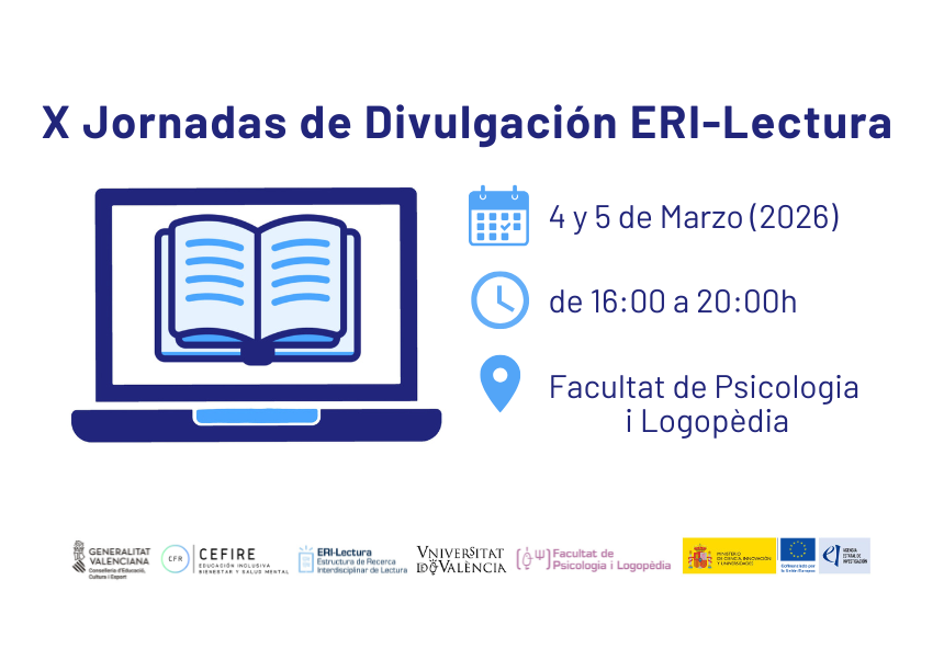 ERILectura's tweet photo. ¡Próximamente celebraremos las X Jornadas de Divulgación de la ERI-Lectura!
  
📅 4 y 5 de marzo de 2026 
📍Facultat de Psicologia i Logopèdia (UV) 
📝 Asistencia gratuita previa inscripción  
🏅 Reconocido por el CEFIRE  

👉 Programa e inscripciones: https://t.co/oY9BNOlVsK... https://t.co/LL5gq0XIen