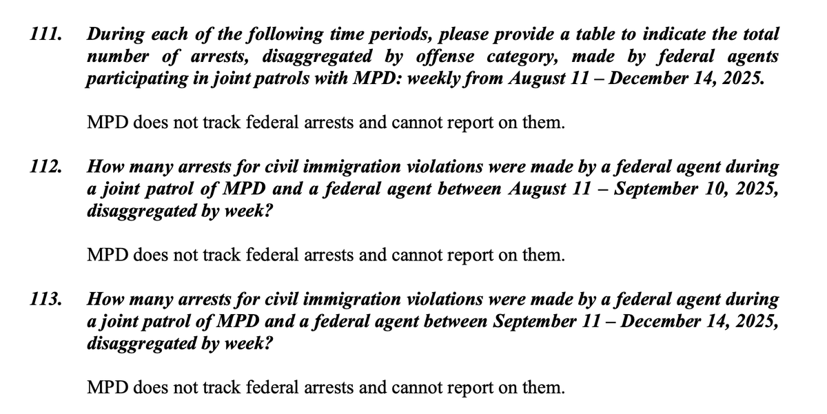 maustermuhle's tweet photo. Responding to oversight questions from the D.C. Council, Interim Police Chief Jeffery Carroll says MPD can't say how many immigration and other arrests were made by federal agents on patrol with D.C. officers from August to December of last year; the data isn't tracked, he says. https://t.co/F4diVJrOxI