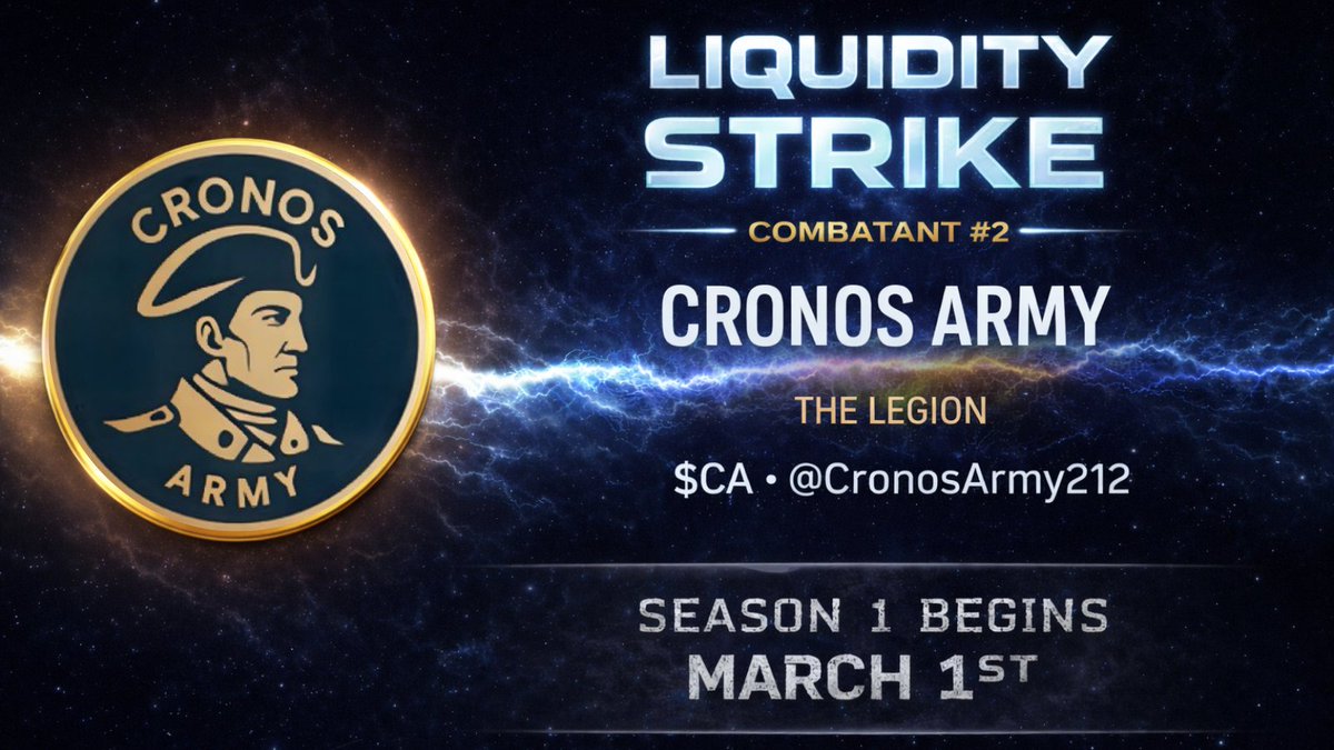 ⚔️ COMBATANT #2: <a href="/CronosArmy212/">Cronos Army</a>

$CA marches into the arena.

The Cronos Army doesn’t ask permission. They show up in force.

One of the most loyal communities on the chain is about to deploy their firepower into Liquidity Strike.

When the Army moves, liquidity follows.

5 days