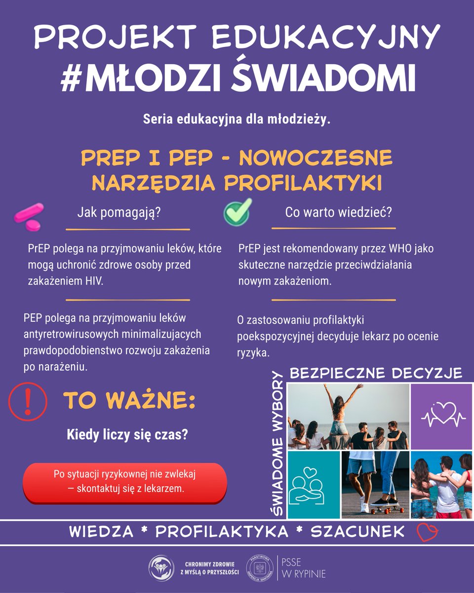 PsseRypin's tweet photo. PrEP i PEP to nowoczesne narzędzia profilaktyki HIV. PrEP stosuje się przed możliwym narażeniem, a PEP po sytuacji ryzyka — tu liczy się czas, więc jak najszybciej skontaktuj się z lekarzem. #MłodziŚwiadomi #Profilaktyka #HIV #GIS #PSSE https://t.co/TINmbEL9i3
