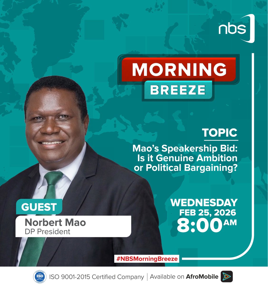 Fireliglntfi's tweet photo. Norbert Mao's Speakership Bid: Is it Genuine Ambition or Political Bargaining?

Justice Minister and DP President @norbertmao will join us tomorrow for the Topical Discussion to discuss this and more, starting at 8 AM.

Stream live on @afromobileug!

#NBSUpdates #NBSMorningBreeze https://t.co/IREHk9LLuU
