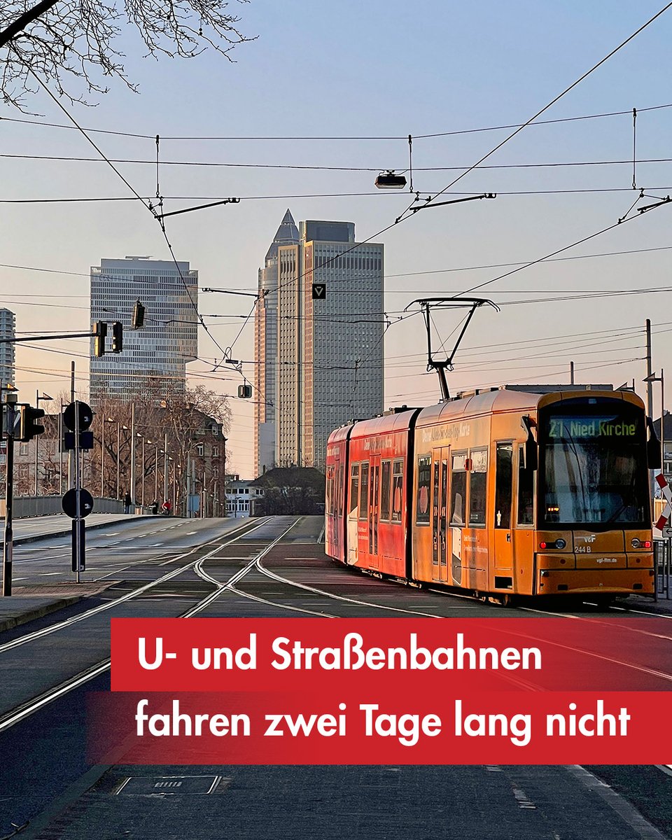 Stadt_FFM's tweet photo. ℹ️ 🚋 48 Stunden lang müssen die Menschen in Frankfurt ohne U- und Straßenbahnen auskommen: Für Freitag und Samstag, 27. und 28. Februar, ist zum vierten Warnstreik der aktuellen Tarifrunde aufgerufen worden.
Mehr dazu 👉 https://t.co/Exg5splZKB https://t.co/DfptERNHrs