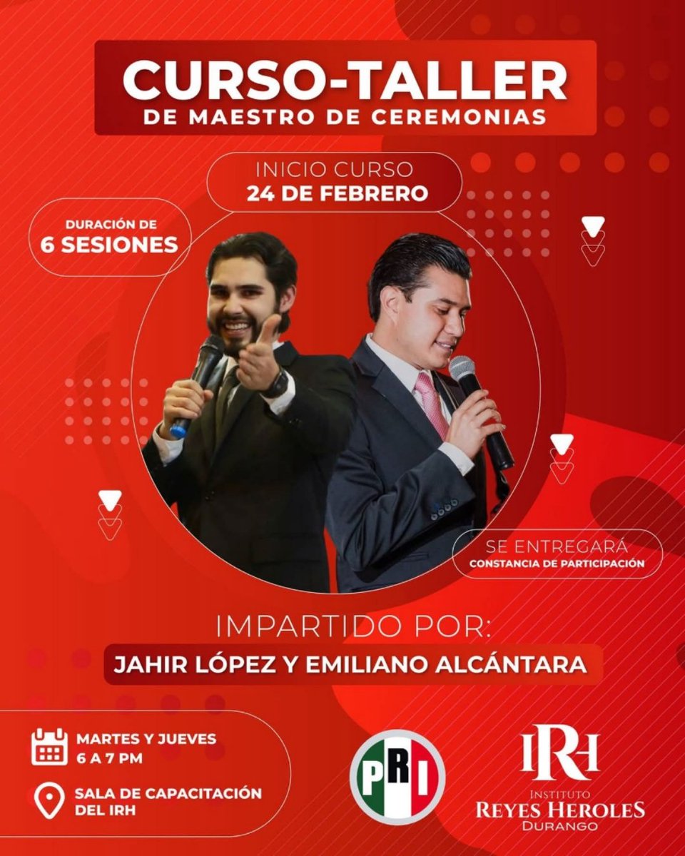 🎙️ Hoy es tu oportunidad de aprender algo nuevo, fortalecer tu voz y proyectar confianza en cada evento.

Este 24 de febrero, <a href="/IRHDurango/">IRH Durango</a> realiza el Curso–Taller de Maestro de Ceremonias.

Si te interesa, manda mensaje en sus redes <a href="/IRHDurango/">IRH Durango</a> o llama al (618) 221 6581. 📱
