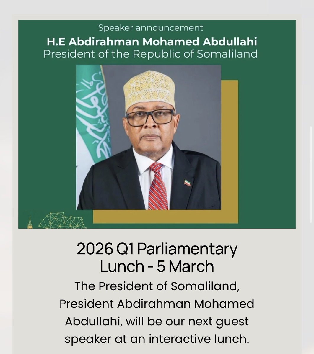 Maydhalaalis's tweet photo. #BREAKING 🚨: President @Abdirahmanirro of the Republic of Somaliland is set to travel to the United Kingdom in early March. 

An official itinerary is yet to be released by the Presidency, however, the President is expected to be hosted by @WestminsterABG at the HoC! 

More to follow…